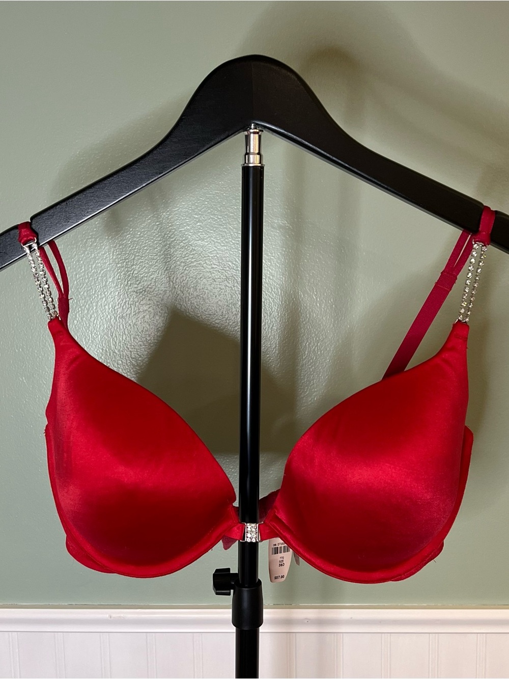 NWT-Victoria's Secret Very Sexy Red Satin Push-Up Bra with Jeweled Straps 38D